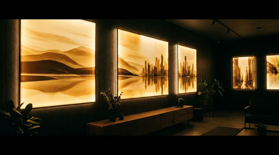 Beleuchtetes Wandbild mit Landschaftsmotiv im Wohnzimmer, hinterleuchtet von CRI-98-LEDs im flachen Aluminium-Lichtkasten