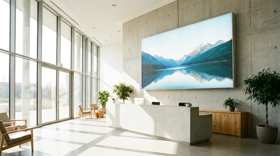 Ruhiges Landschaftsmotiv als hinterleuchtetes Leuchtbild an einer Empfangswand im Büro