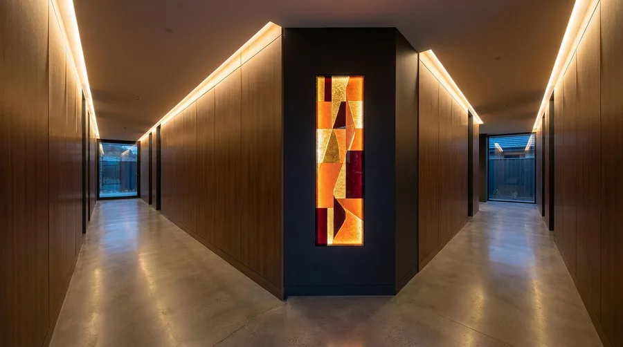 Schmaler Flur mit hinterleuchtetem Leuchtbild als Lichtquelle an der Wand