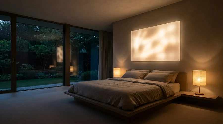 Ruhiges Landschaftsmotiv als dimmbares Leuchtbild über einem Bett im Schlafzimmer