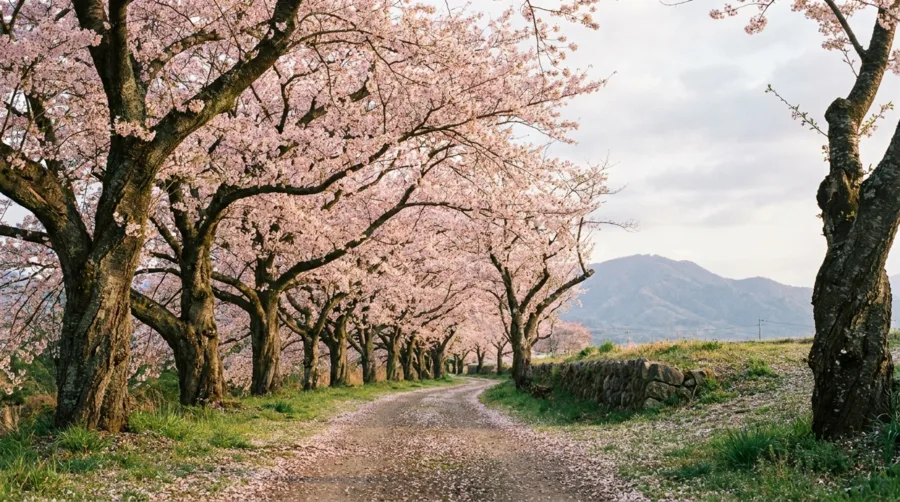 Rosa Kirschblütenallee im Frühling mit zarten Sakura-Blüten als Leuchtbild-Motiv