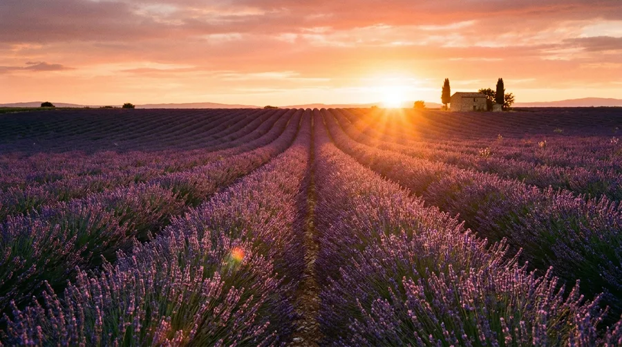 Blühendes Lavendelfeld in der Provence mit violetten Reihen im warmen Abendlicht als Leuchtbild-Motiv
