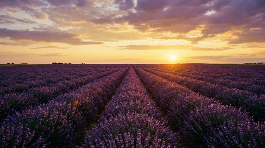 Blühendes Lavendelfeld in der Provence mit violetten Reihen bis zum Horizont als Leuchtbild-Motiv