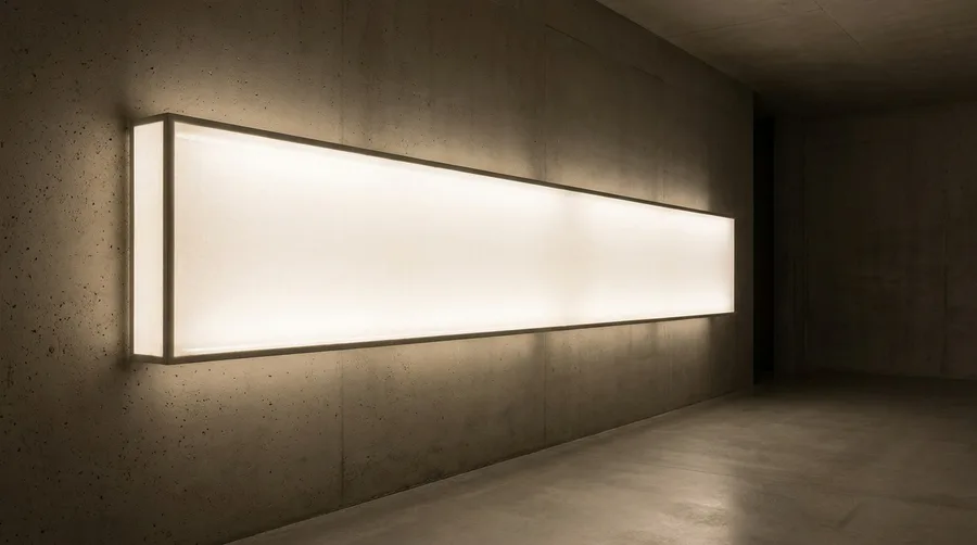 Flacher LED Leuchtrahmen mit eingespanntem Textildruck an einer Wohnzimmerwand