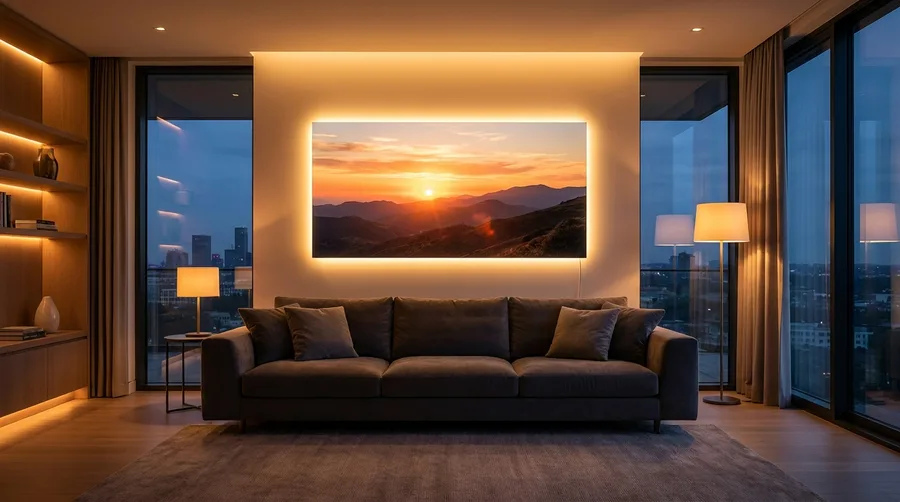 Hinterleuchtetes LED Wandbild mit ruhiger Landschaft in einem abgedunkelten Wohnraum