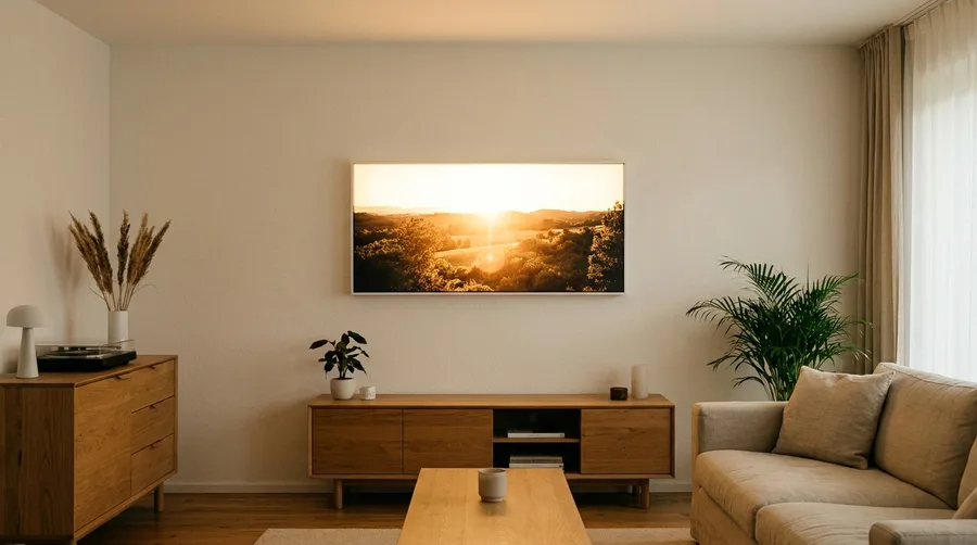 Flacher Aluminium-Lichtkasten wird an einer Wohnzimmerwand in Augenhöhe montiert