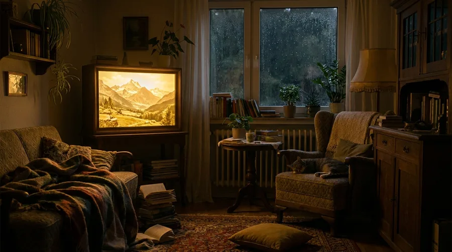 Hinterleuchtetes Landschafts-Leuchtbild im Wohnzimmer, warm heruntergedimmt am Abend