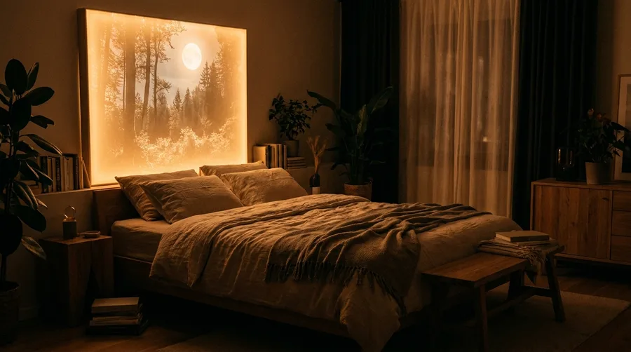 Warm leuchtendes Landschafts-Leuchtbild über einem Bett im ruhigen Schlafzimmer