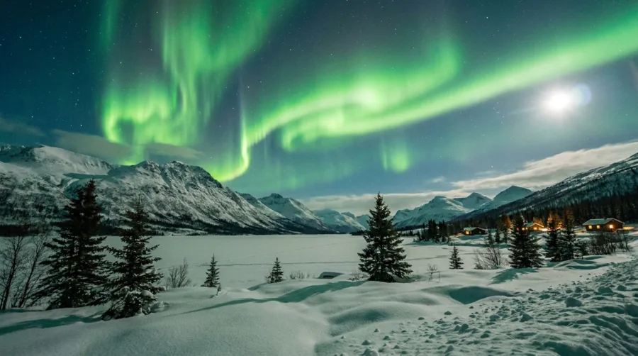 Grün-violettes Polarlicht über verschneiter arktischer Landschaft als Leuchtbild-Motiv