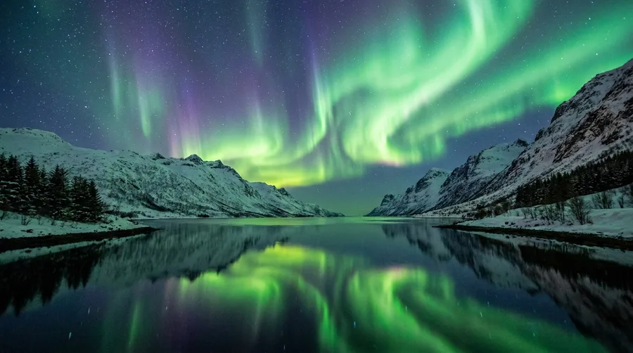 Grünes Polarlicht über einem norwegischen Fjord mit Bergen und Spiegelung im Wasser als Leuchtbild-Motiv