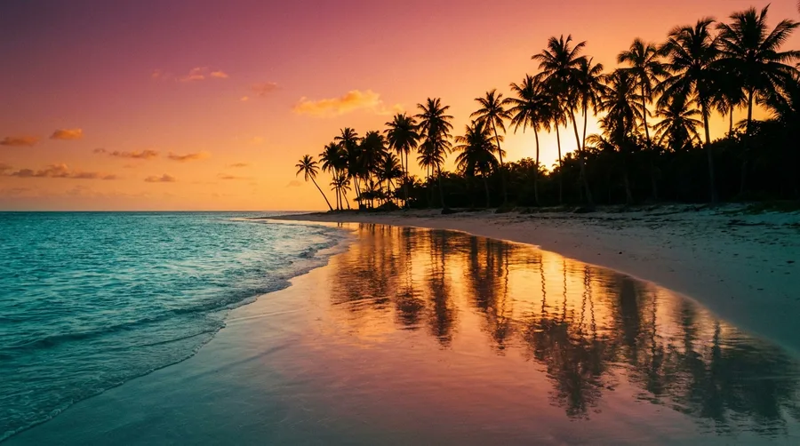 Tropischer Strand im goldenen Sonnenuntergang mit Palmen als Leuchtbild-Motiv