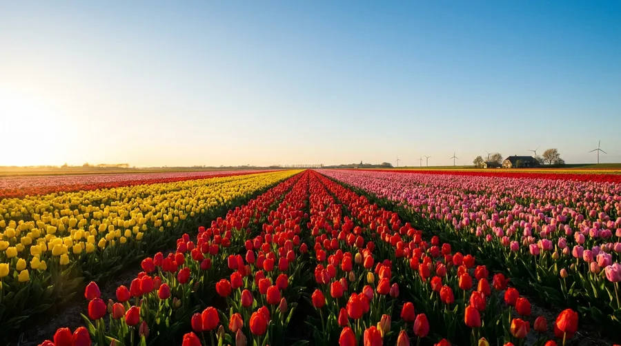 Blühende Tulpenfelder in Holland mit bunten Farbstreifen als Leuchtbild-Motiv