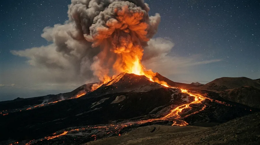 Glühender Vulkan bei Nacht mit fließender Lava und Rauchsäule als Leuchtbild-Motiv