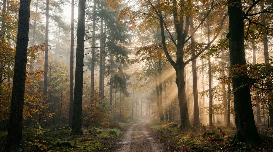 Nebliger Wald bei Sonnenaufgang mit Lichtstrahlen als Leuchtbild-Motiv