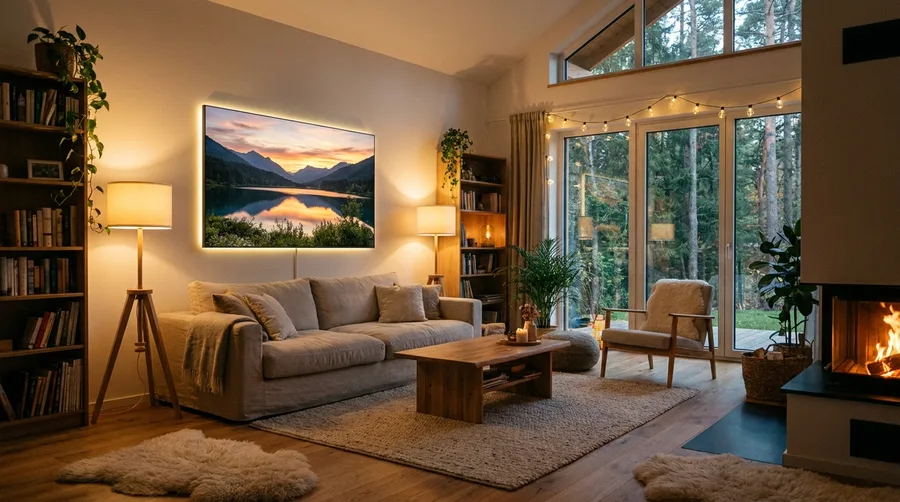Ruhiges Landschaftsmotiv als hinterleuchtetes Leuchtbild über einem Sofa im Wohnzimmer
