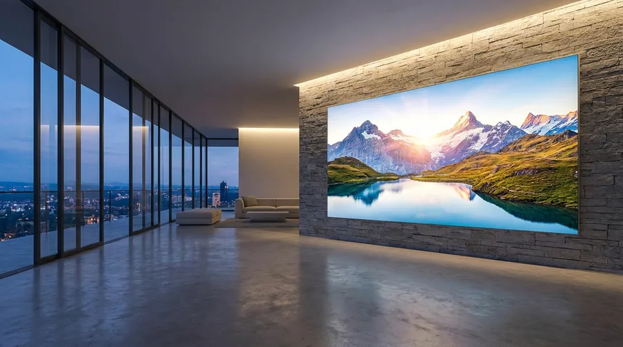 Großformatiges Leuchtbild einer weiten Berglandschaft über einem Sofa als Wandbild XXL