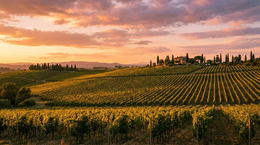 Weinberg mit Rebzeilen in der Provence im warmen Abendlicht als Leuchtbild-Motiv