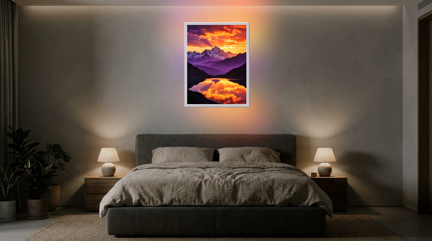Berge zur Goldenen Stunde als Lichtposter im Schlafzimmer