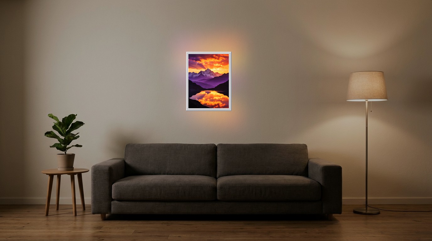 Berge zur Goldenen Stunde als Lichtposter im Wohnzimmer
