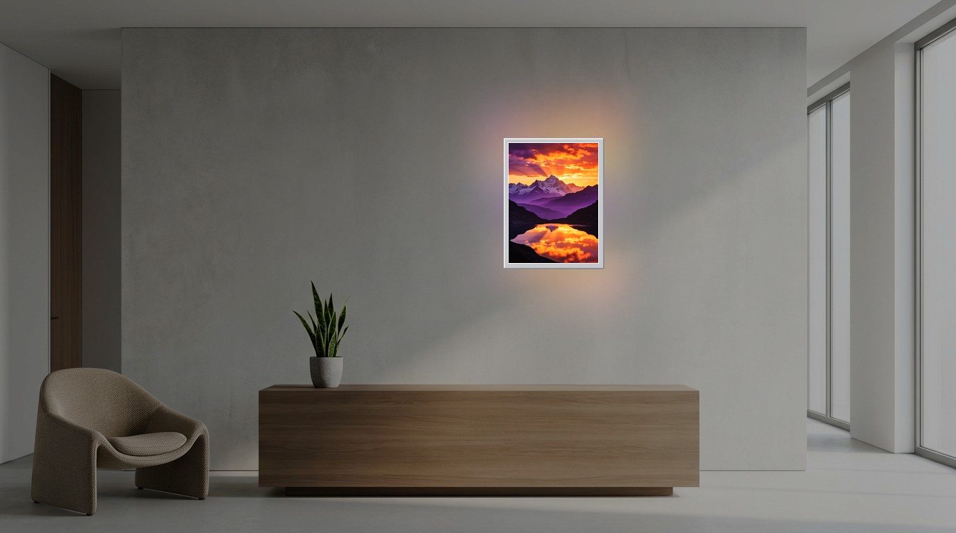 Berge zur Goldenen Stunde als Lichtposter im Büro