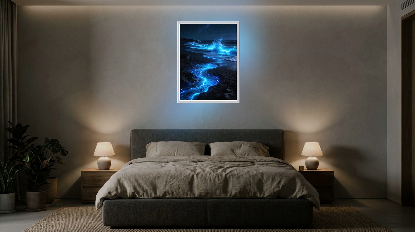 Biolumineszenz-Strand als Lichtposter im Schlafzimmer