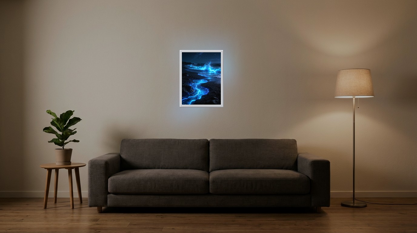 Biolumineszenz-Strand als Lichtposter im Wohnzimmer