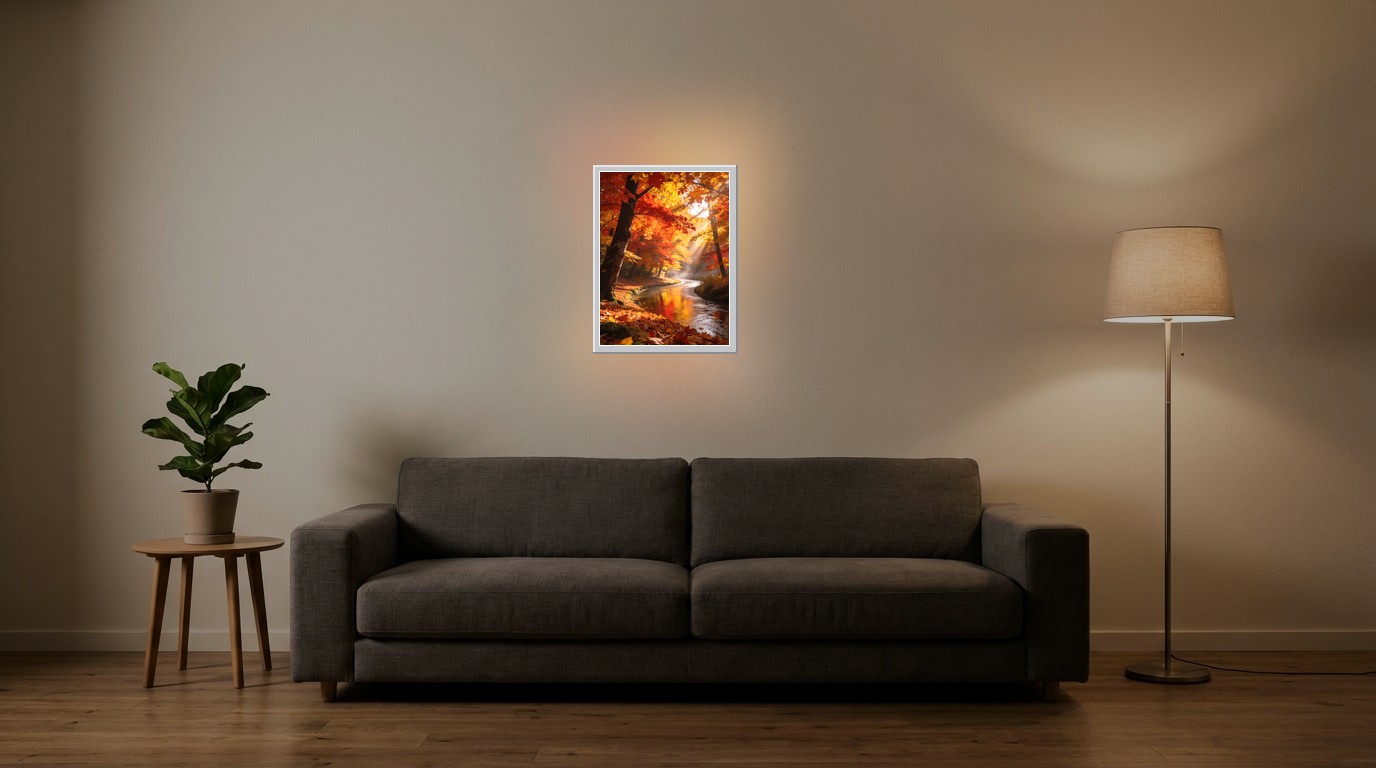 Herbstwald als Lichtposter im Wohnzimmer
