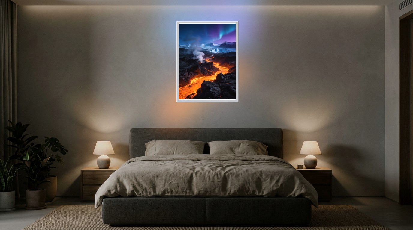 Islands Vulkane als Lichtposter im Schlafzimmer