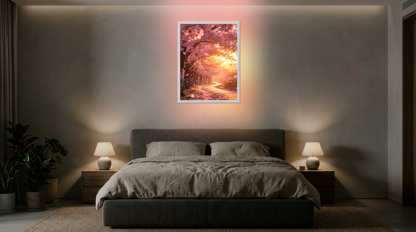 Kirschblüten-Allee als Lichtposter im Schlafzimmer