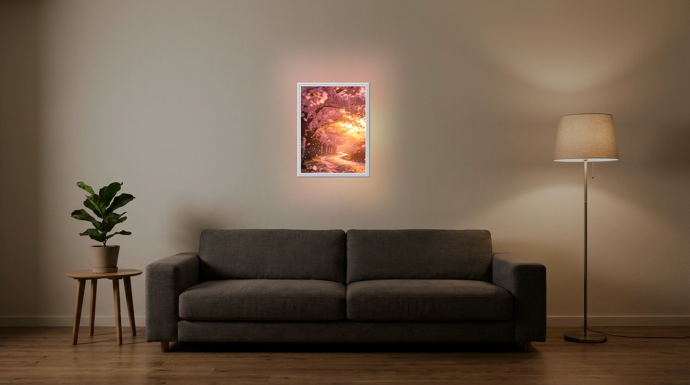 Kirschblüten-Allee als Lichtposter im Wohnzimmer