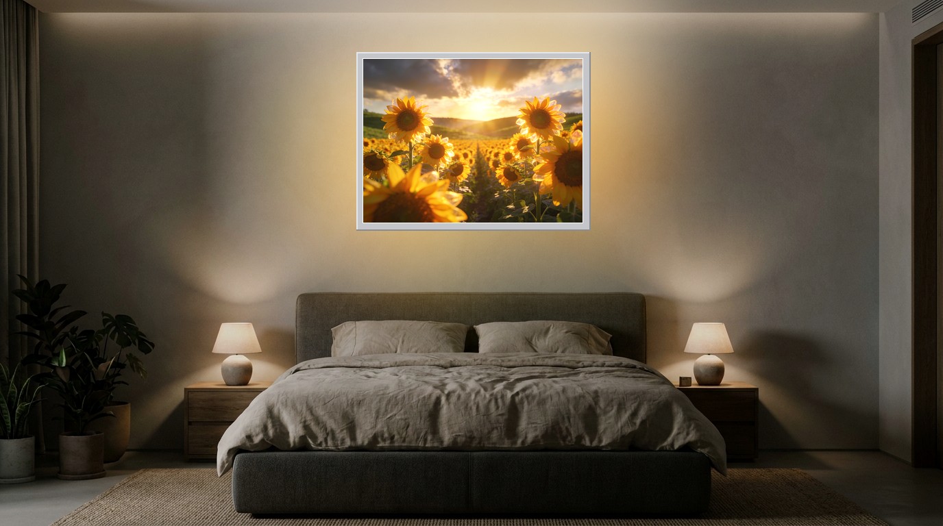 Sonnenblumenfeld als Lichtposter im Schlafzimmer