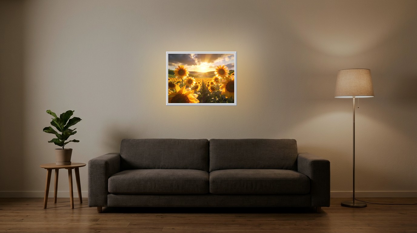 Sonnenblumenfeld als Lichtposter im Wohnzimmer