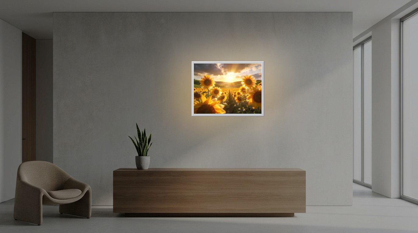 Sonnenblumenfeld als Lichtposter im Büro