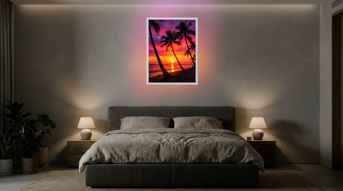 Tropenstrand im Sonnenuntergang als Lichtposter im Schlafzimmer