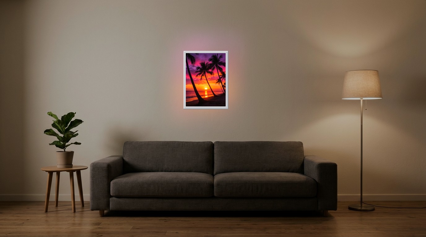 Tropenstrand im Sonnenuntergang als Lichtposter im Wohnzimmer