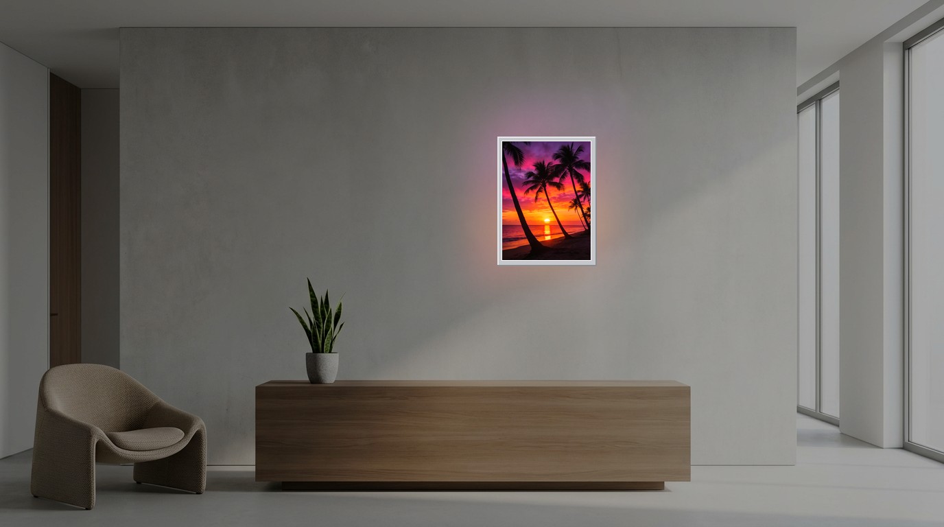 Tropenstrand im Sonnenuntergang als Lichtposter im Büro