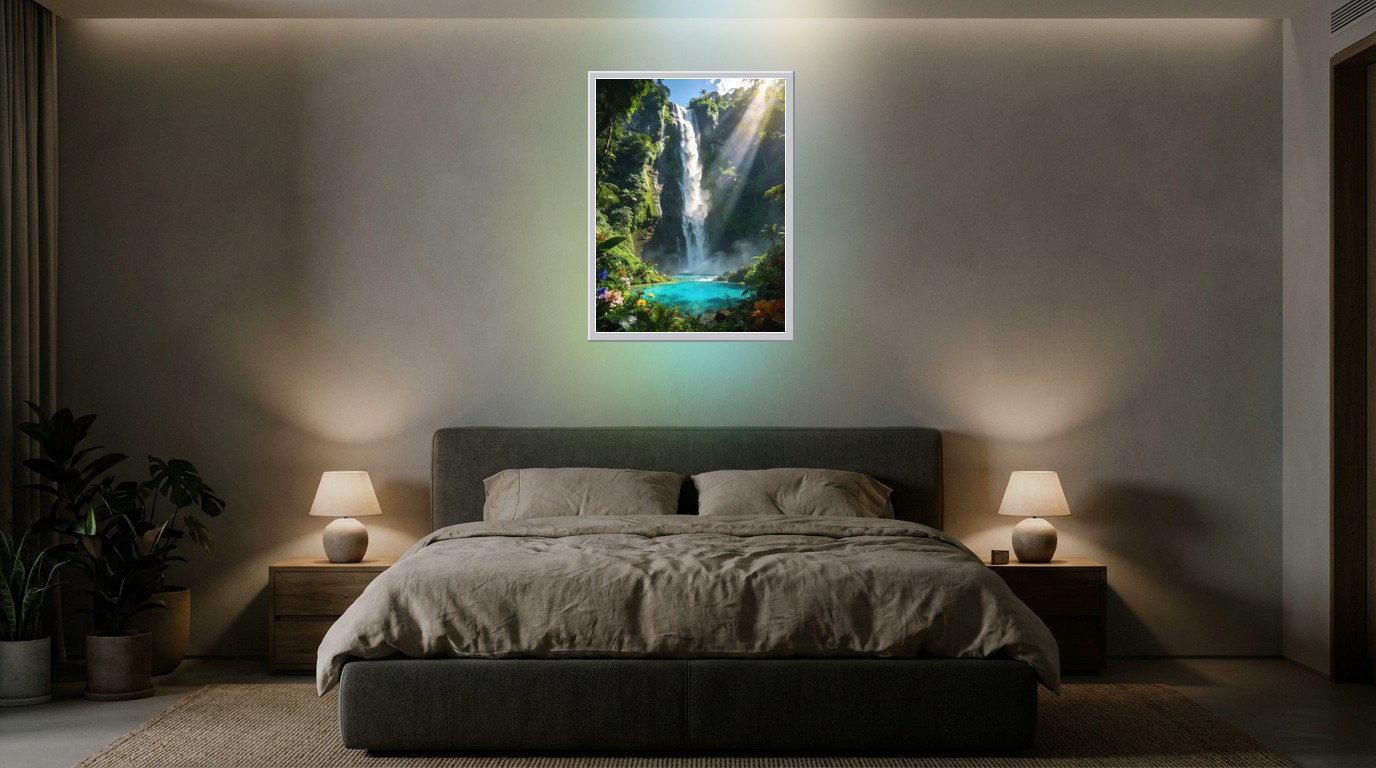 Tropischer Wasserfall als Lichtposter im Schlafzimmer