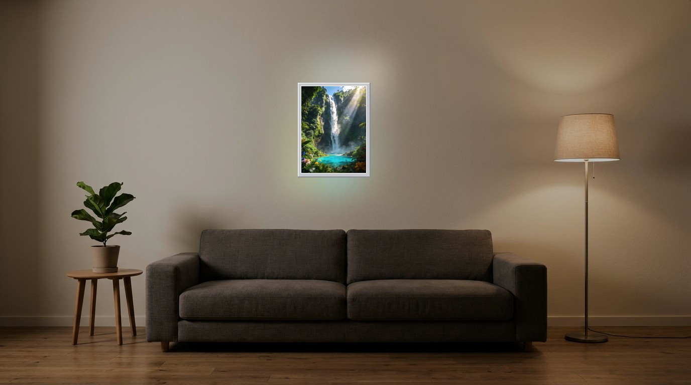 Tropischer Wasserfall als Lichtposter im Wohnzimmer