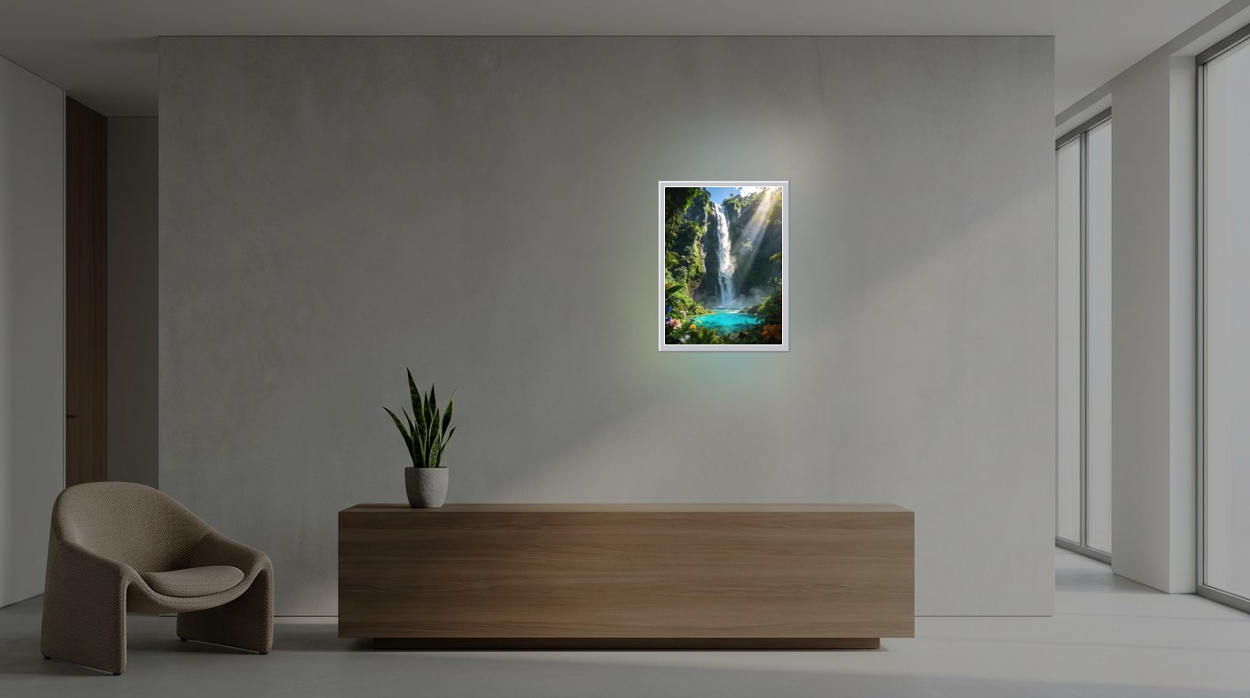 Tropischer Wasserfall als Lichtposter im Büro
