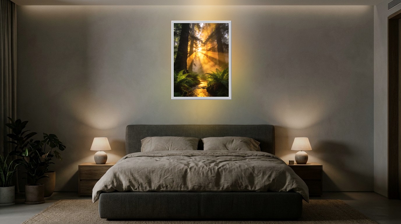 Wald im Sonnenaufgang als Lichtposter im Schlafzimmer