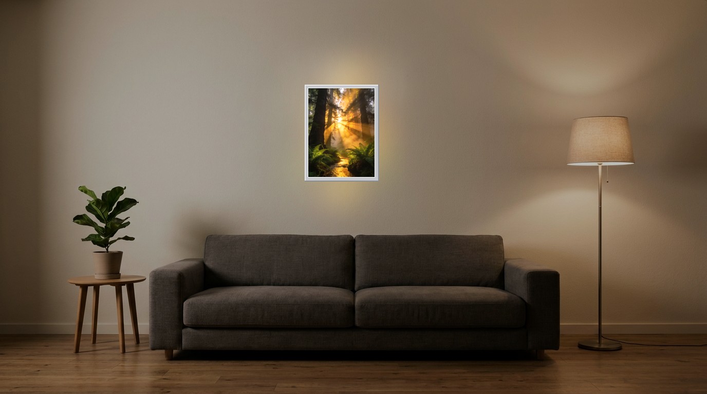Wald im Sonnenaufgang als Lichtposter im Wohnzimmer